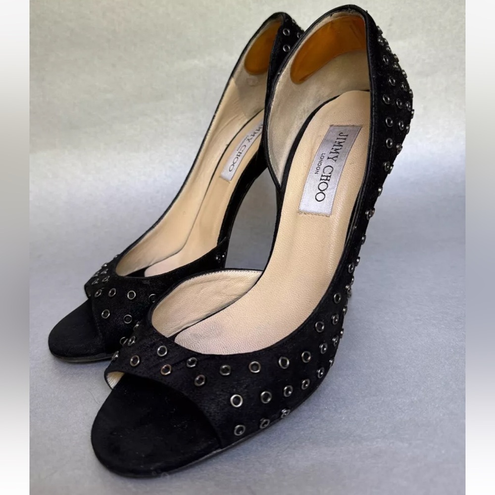 Jimmy Choo London Sz 8.5 EU 39 Black Open Toe Heel Pumps Party Formal - Picture 2 of 8